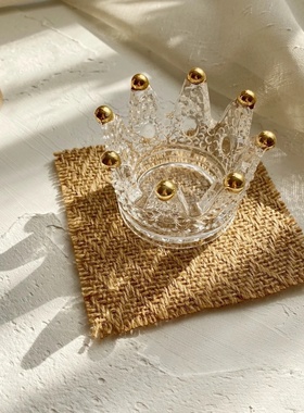 北欧轻奢风水晶玻璃皇冠烛台浮雕收纳碟美妆蛋戒指首饰收纳架支架