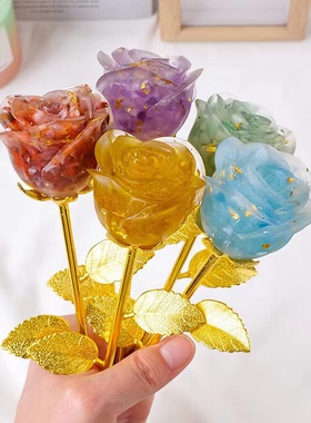情人节浪漫玫瑰礼物水晶碎石手工制作东陵玉红玛瑙金箔工艺品摆件