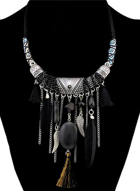 欧美饰品波西米亚民族风复古翅膀流苏松石米珠羽毛吊坠项链女