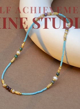 极光粉蓝法式Vintage复古西洋宫廷风细蓝色串珠宝石细项链锁骨链