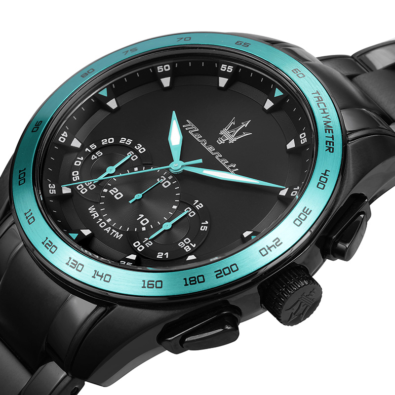玛莎拉蒂新款男手表大表盘黑色运动小三针计时轻奢商务钢表带正品