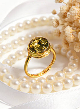 S925银镀金方形宝石蜜蜡戒指轻奢高级感开口可调节百搭琥珀指环