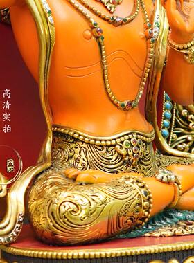 尼泊尔工艺带大鹏鸟背光彩绘热灼色文殊菩萨佛像纯铜手工錾刻摆件