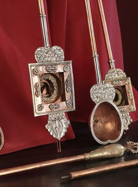 尼泊尔进口手工红铜雕花火供勺烟供勺紫铜金刚勺杵护摩勺铜勺一对