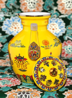 藏族民族风黄色八宝图 2.5L3.3L酥油壶 防滑链条 烧水搪瓷壶彩绘
