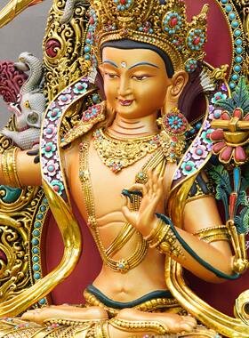 尼泊尔工艺大鹏鸟背光彩绘文殊佛像菩萨纯铜手工錾刻文殊师利摆件