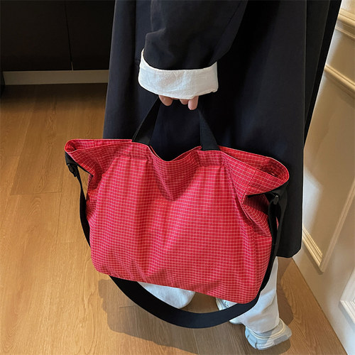 百搭手提托特包女新款大容量轻便防水尼龙布单肩包时尚格子斜挎包 - 图2