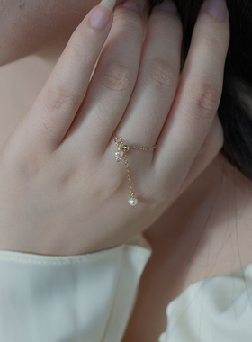 如帆小众简约通勤双珍珠可调节戒指14k包金链条指环气质女412100