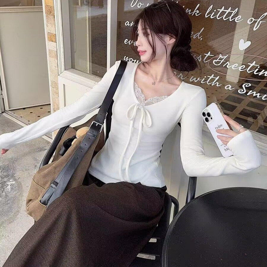 秋冬季穿搭白色纯欲蕾丝内搭上衣韩系v领修身显瘦长袖T恤打底衫女,淘宝优惠券,粉丝福利购,淘宝优惠卷