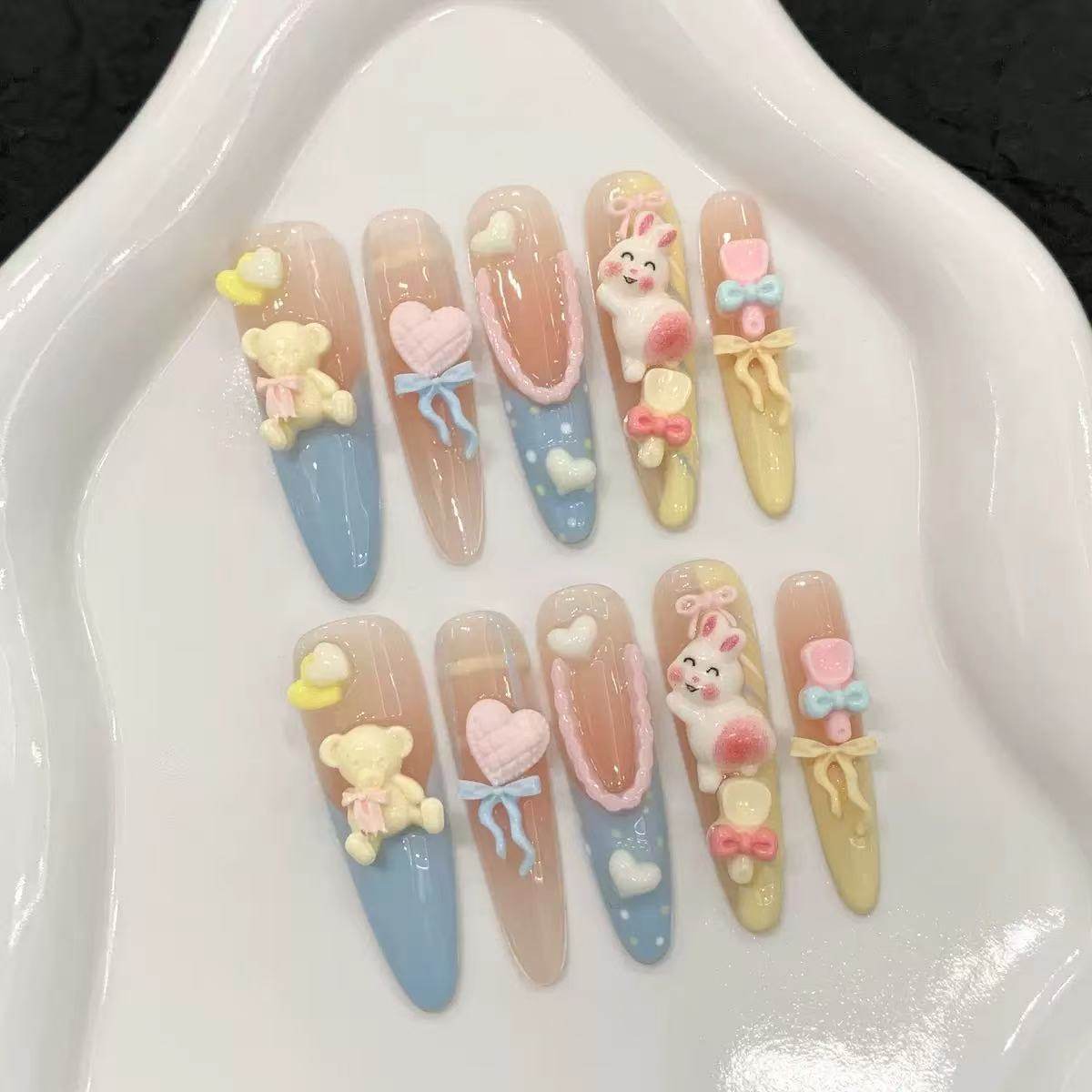 【可露丽】甜美芭蕾粉棕卡通纯手工穿戴甲可爱显白仙女长款美甲贴,淘宝优惠券,粉丝福利购,淘宝优惠卷