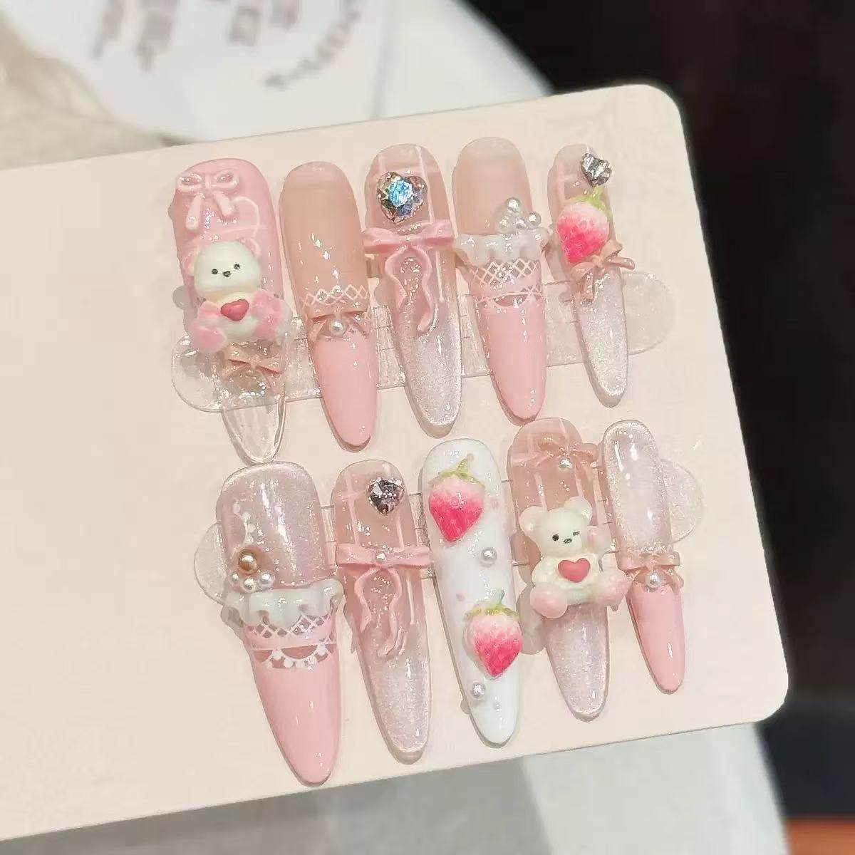 【可露丽】甜美芭蕾粉棕卡通纯手工穿戴甲可爱显白仙女长款美甲贴,淘宝优惠券,粉丝福利购,淘宝优惠卷