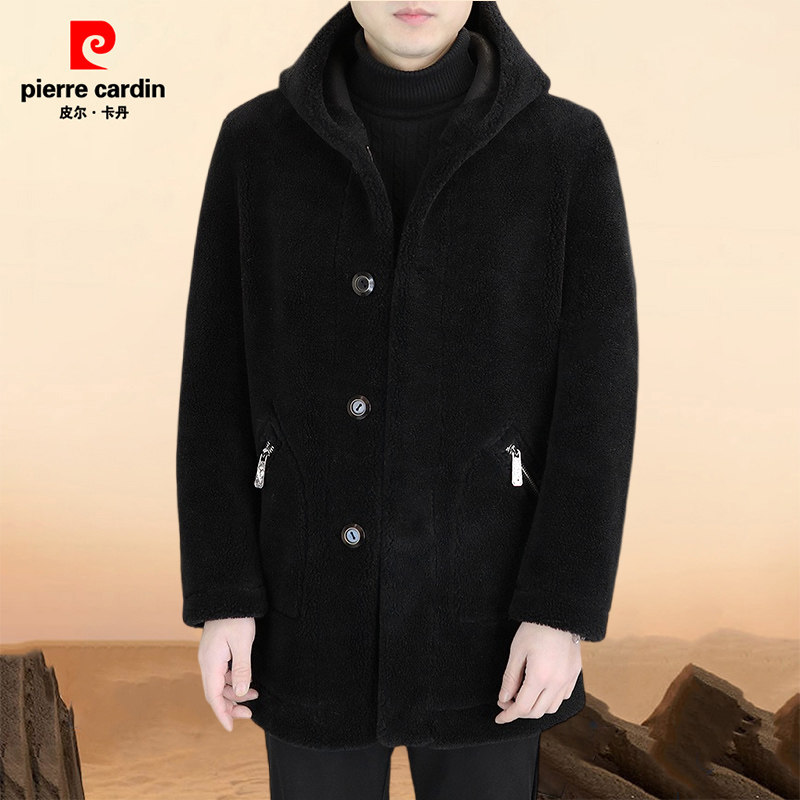 皮尔卡丹冬季新款皮毛一体保暖高档翻领羊毛外套男士皮草男装大衣,淘宝优惠券,粉丝福利购,淘宝优惠卷