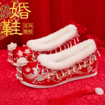 Winter gush warm flow Su Guan Winds embroidered shoes red Chinese style and bridal wedding shoes with heightening retro Han clothes