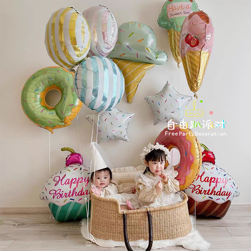 韩国ins夏日冰淇淋甜甜圈铝膜气球儿童宝宝周岁生日派对布置装饰