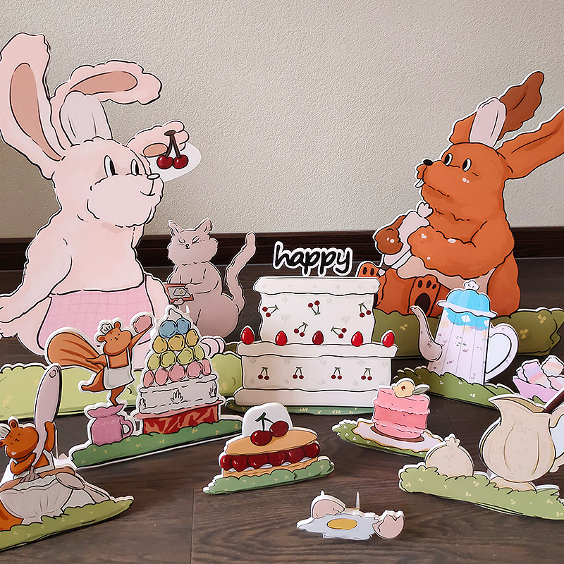 卡通ins韩国复古风生日布置装饰场景手绘兔子动物KT板蛋糕摆件,淘宝优惠券,粉丝福利购,淘宝优惠卷