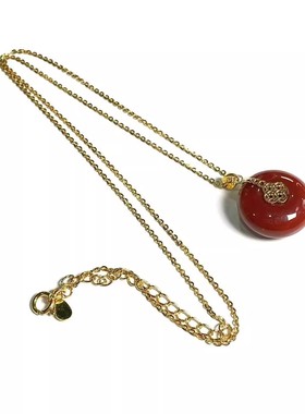 安伯曼火焰红南红玛瑙平安扣圆饼18K金四叶草铜钱扣配银项链14mm+