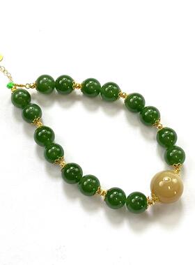 俄料无黑点碧玉菠菜绿18K金豆豆糖料圆珠12mm左右手链8mm左右