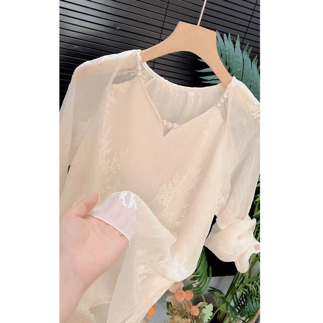 ເນື້ອຜ້າຂອງຝຣັ່ງ pleated embroidered chiffon shirt super fairy top