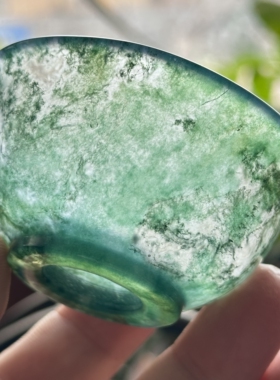 云臻阁天然印度水草绿草玛瑙茶杯茶具主人杯冰透清新绿玛瑙摆件