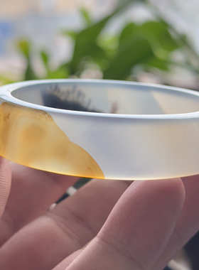 云臻阁天然海洋玉髓草花风景玛瑙手镯水墨山景小树林意境方镯55口