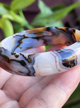 云臻阁天然巴西老花料水墨蓝象形云彩山景意境多彩玛瑙手镯56口径