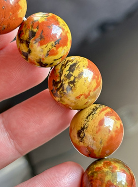 天然鸡油黄战国红三彩水墨黄红玛瑙实肉梦幻纹理男女手串手链珠子