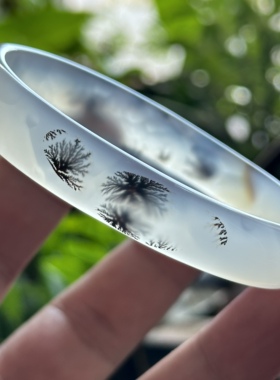 天然海洋玉髓高冰白冰草花水墨意境蝶恋花贵妃镯椭圆镯型手镯56口