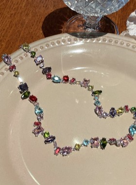 甜心糖果彩色水晶锆石项链轻奢高级感爱心彩虹锁骨链女ins小众潮