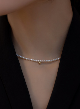 s925纯银钟楚曦同款金豆珍珠项链女法式复古少女感圆珠choker颈链