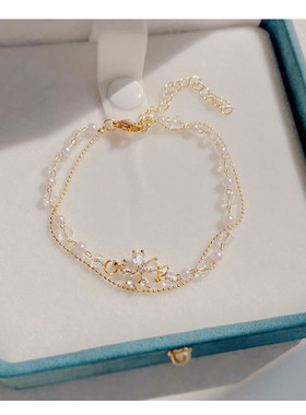 气质温柔精致双层珍珠水晶花朵手链ins风小众设计感手饰手链