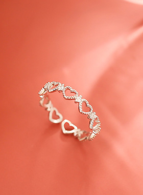 镂空爱心戒指女时尚个性S925银甜美心形环绕食指戒开口指环戒