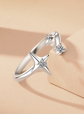s925纯银星芒镶钻戒指女时尚个性高级感开口戒小众设计轻奢银指环