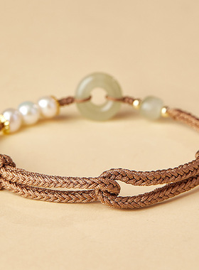 仿和田玉平安扣手链女生编织手绳珍珠平安好运珍珠闺蜜手链