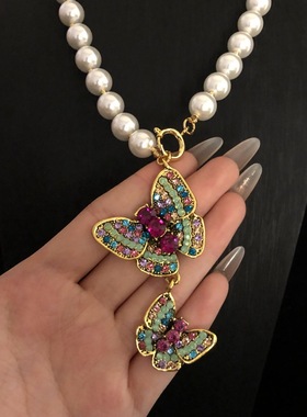 中古风彩色镶钻蝴蝶流苏项链夸张设计个性重工复古琉璃珍珠项链女