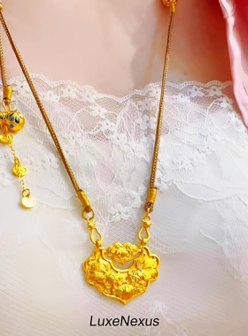 LuxeNexus镀真金保色古法沙金莲花锁葫芦套链新中式复古精致高级