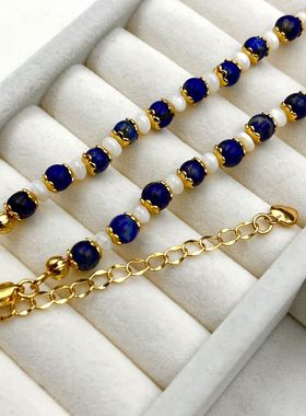 原创法式复古天然青金石项链女天然珍珠时尚高级感小众锁骨链