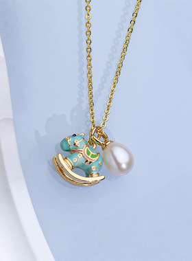马上有钱淡水珍珠吊坠女项链滴釉可爱卡通高级感颈链锁骨链