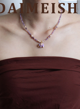 原创清新滴油小象紫水晶施家珍珠项链女轻奢小众高级感串珠锁骨链