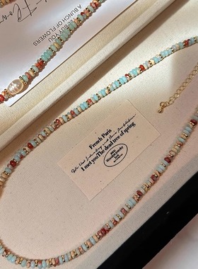 淡水珍珠寿山石彩色串珠拼接项链女淡水珍珠复古锁骨颈链叠戴链