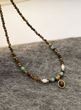 2025新款虎眼石串珠项链女式轻奢小众高级感锁骨链日常通勤项饰