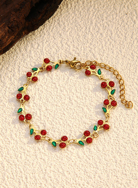 跨境爆款ins休闲淡雅风钛钢手链水果樱桃手链18k金电镀不锈钢手链