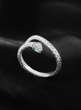 S999足银灵蛇戒指女生肖蛇配饰尾戒小众纯银戒指环个性时尚