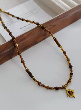 美拉德琥珀色进口米珠虎眼石项链秋冬时髦个性颈链小众设计毛衣链