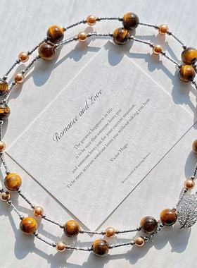 保真美拉德天然精品虎眼石仿大溪地珍珠多种戴法毛衣链锁骨链