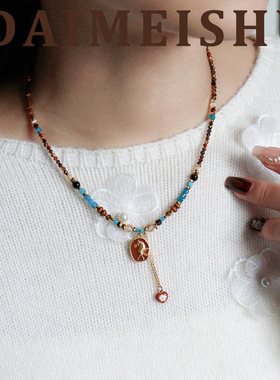 原创复古秋冬美拉德虎眼石彩色滴油花马项链轻奢高级感百搭锁骨链