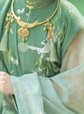 【绿芜】岫玉璎珞项圈团购铜镀真金海蓝宝仿点翠 原创云中梦长歌