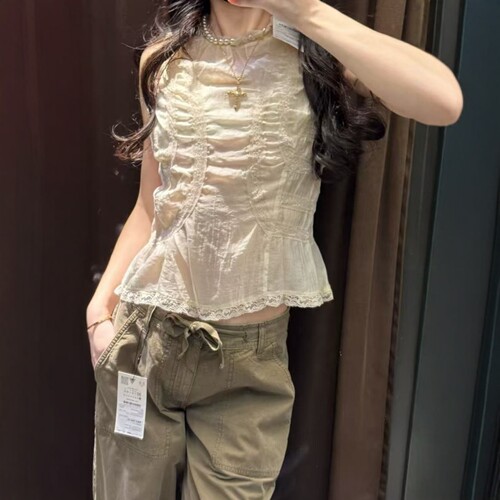 ZA外贸出口女装新款法式束带休闲性感小蕾丝包扣衬衫3067036 - 图0