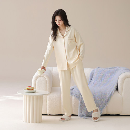 纯棉睡衣女春秋款2026新款柔软长袖冬季开衫纯色家居服套装可外穿 - 图0