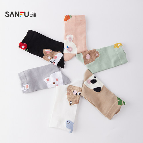 三福 女短筒袜单双装 柔软透气羽毛纱提花甜美可爱女袜子490951 - 图0