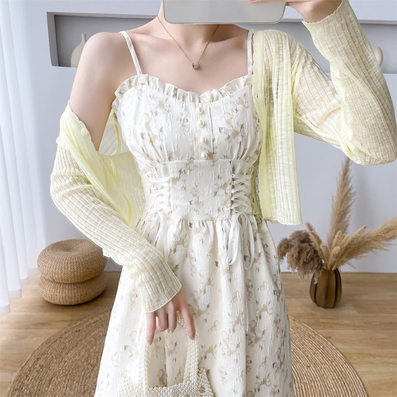 夏季短袖新款雪纺仙气姐妹连衣裙小清新吊带裙披肩裙子套装裙女